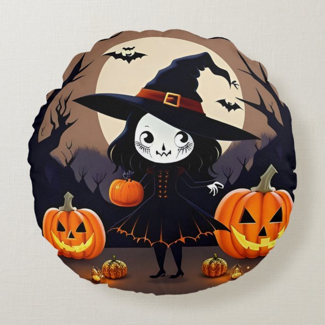 Halloween-häxa med pumpor rund kudde (Framsidan)