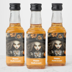 Halloween-häxa med pumpor spritflaskor etikett
