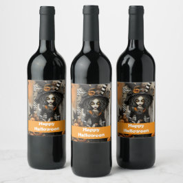 Halloween-häxa med pumpor vinflaska etikett