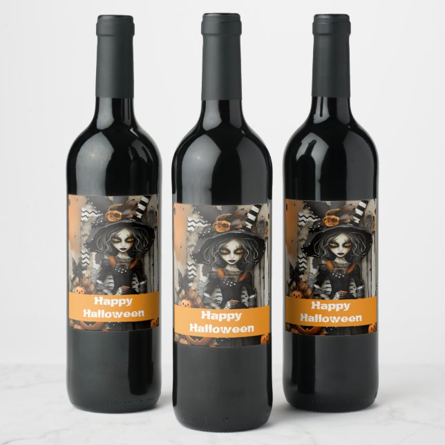 Halloween-häxa med pumpor vinflaska etikett (Flaskor)