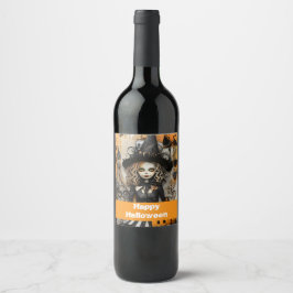 Halloween-häxa med pumpor vinflaska etikett
