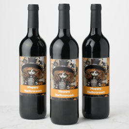 Halloween-häxa med pumpor vinflaska etikett