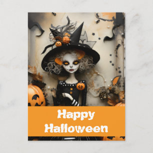 Halloween-häxa med pumpor vykort
