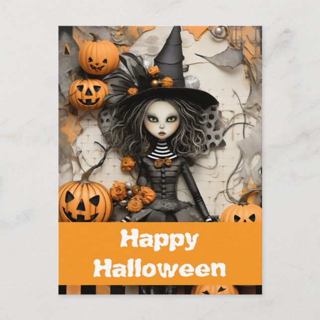 Halloween-häxa med pumpor vykort (Framsida)