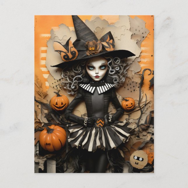 Halloween-häxa med pumpor vykort (Framsida)
