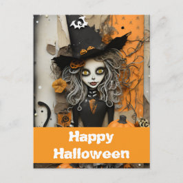 Halloween-häxa med pumpor vykort