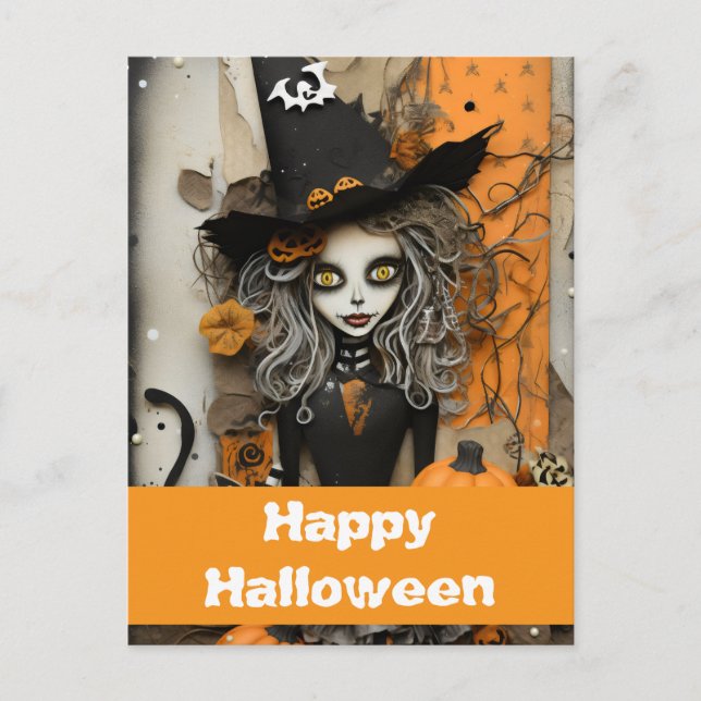 Halloween-häxa med pumpor vykort (Framsida)