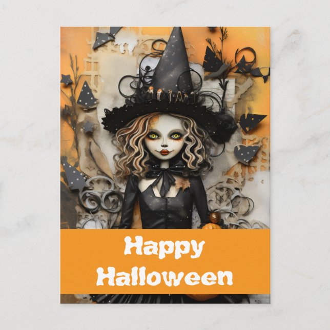 Halloween-häxa med pumpor vykort (Framsida)