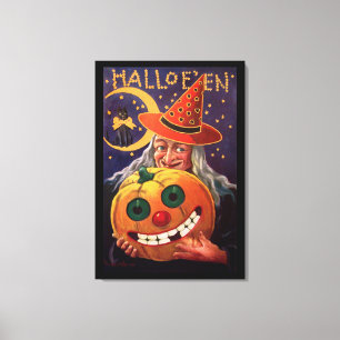 Halloween häxa med rolig pumpa canvastryck