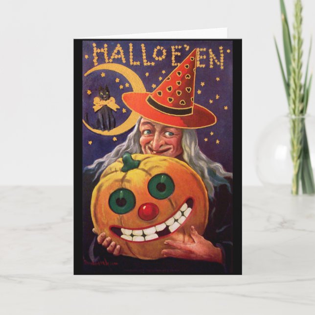 Halloween häxa med rolig pumpa kort (Framsida)