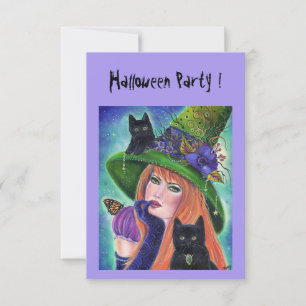 Halloween-häxa med svarta katter-partiinbjudningar inbjudningar