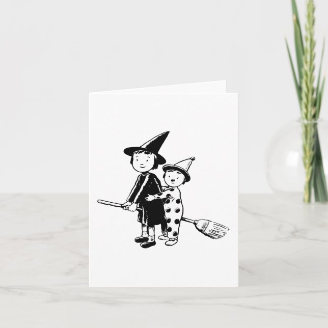 Halloween-häxa och clown som rider på kvast kort (Framsida)