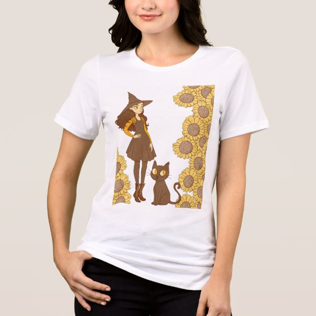 “Halloween Häxa och Katt Bella+Canvas Tri-Blend T- T Shirt (Framsida)