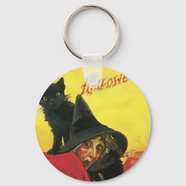 Halloween-häxa och katt i vintage-stil nyckelring (Framsida)