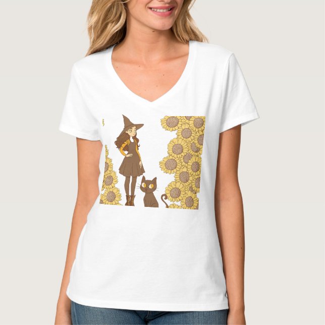 “Halloween-häxa och katt Kvinnors V-ringad t-shirt (Framsida)