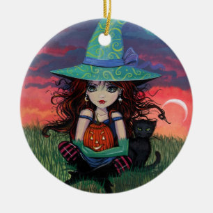 Halloween-häxa och katt-prydnad julgransprydnad keramik