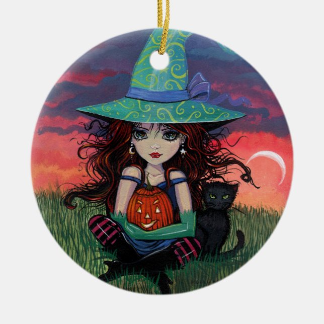 Halloween-häxa och katt-prydnad julgransprydnad keramik (Framsidan)