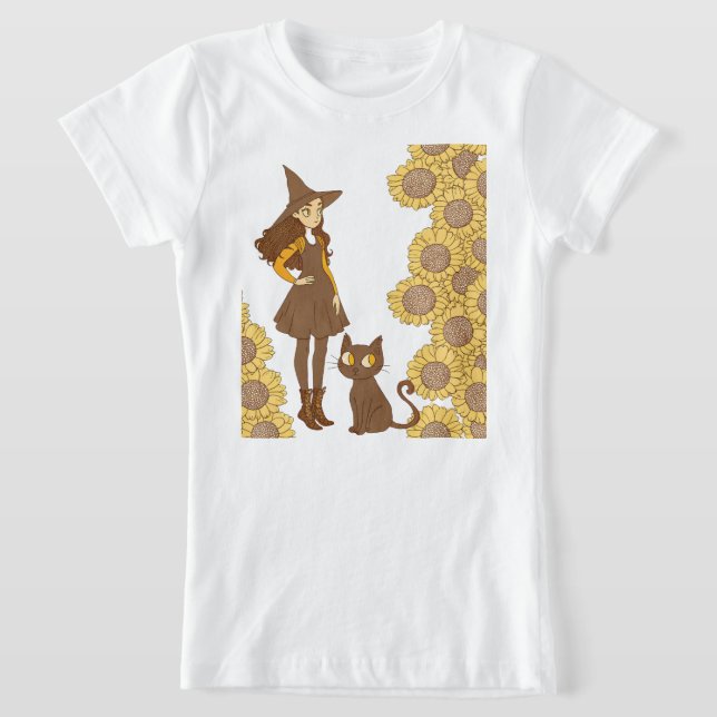 “Halloween-häxa och katt T-shirt i fint bomullstyg (Laydown)
