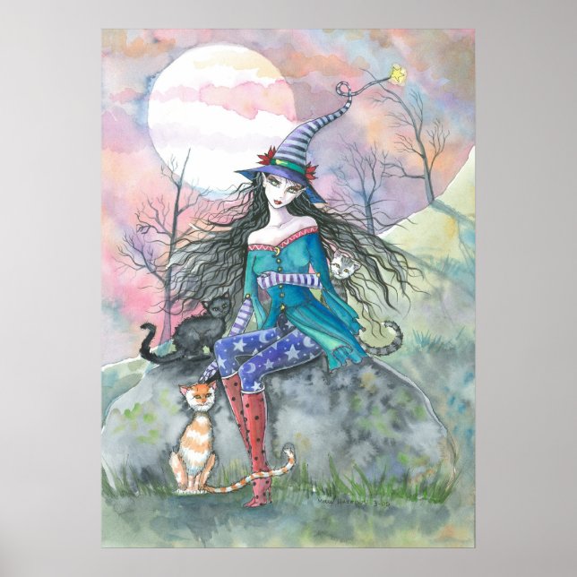 Halloween-häxa och katter-plakat av Molly Harrison Poster (Framsidan)