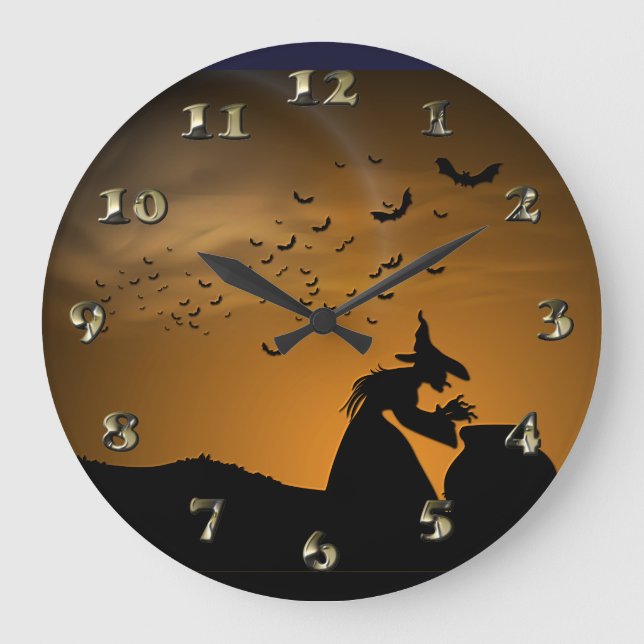 Halloween häxa och kittel med fladdermöss stor klocka (Framsida)