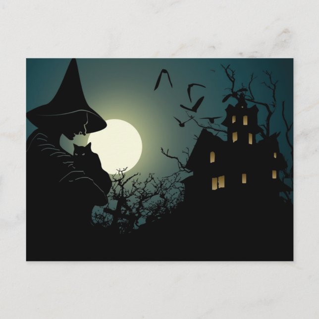 Halloween: häxa och spökhus vykort (Framsida)