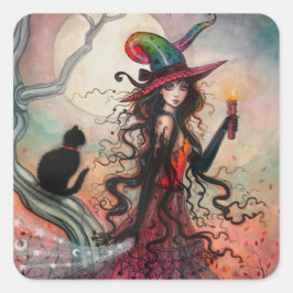 Halloween-häxa och svart katt fantasykonst fyrkantigt klistermärke