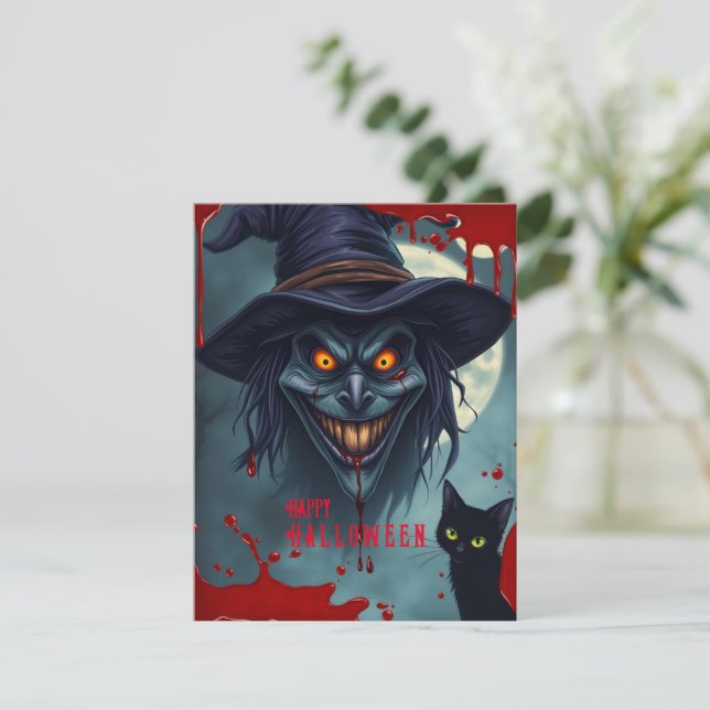 Halloween-häxa och svart katt julkort (Stående Fram)