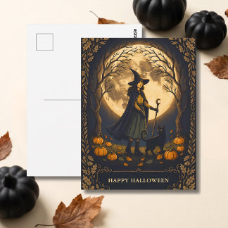 Halloween-häxa och svart katt vykort
