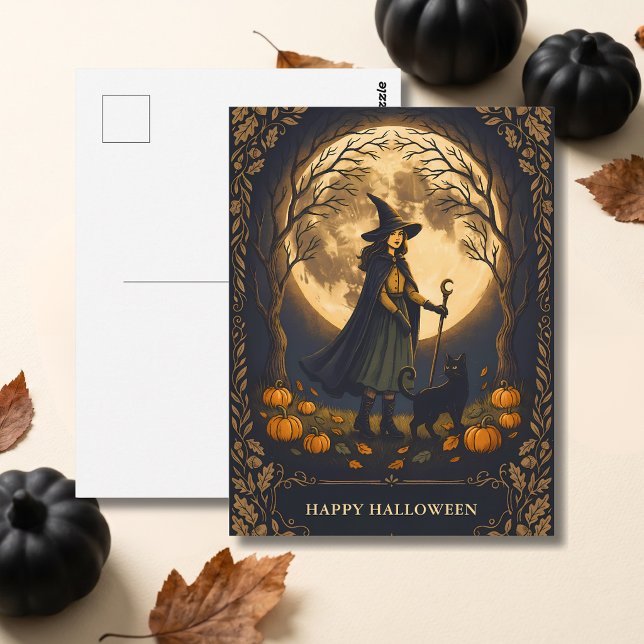 Halloween-häxa och svart katt vykort (Skapare uppladdad)
