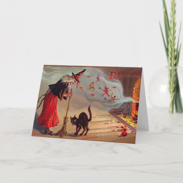 Halloween häxa och svartkatt kort (Framsida)
