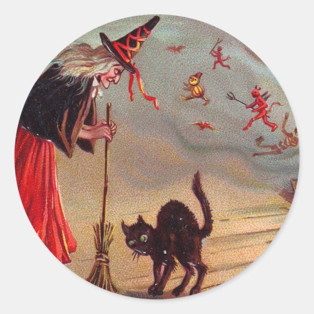 Halloween häxa och svartkatt runt klistermärke (Framsida)