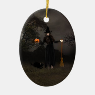 Halloween häxa- och svartkattprydnad julgransprydnad keramik