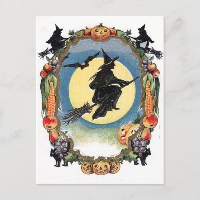 Halloween häxa över månen vykort (Framsida)