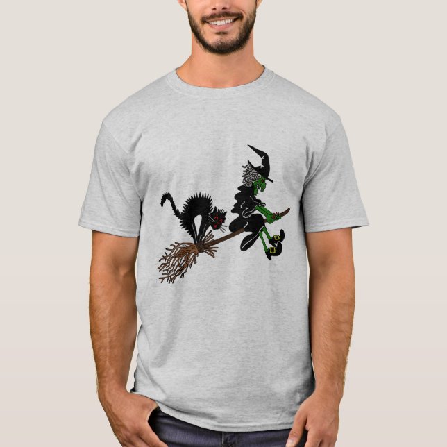 Halloween häxa på broomsticken t shirt (Framsida)