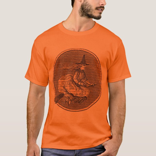 Halloween häxa på en kvast tee shirt (Framsida)