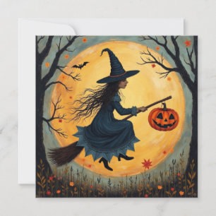 Halloween häxa på kvast och fullmåne julkort