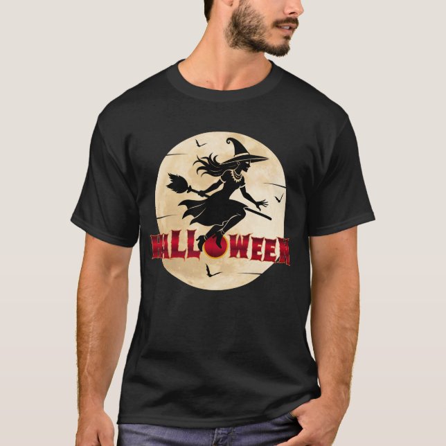 Halloween häxa på kvast t shirt (Framsida)
