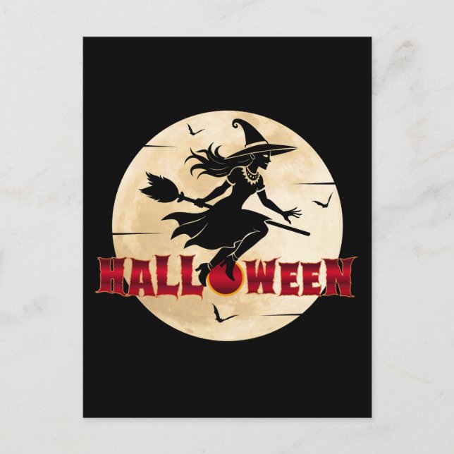 Halloween häxa på kvast vykort (Framsida)