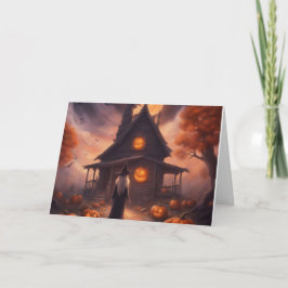 Halloween-häxa på väg till sitt spökhus kort
