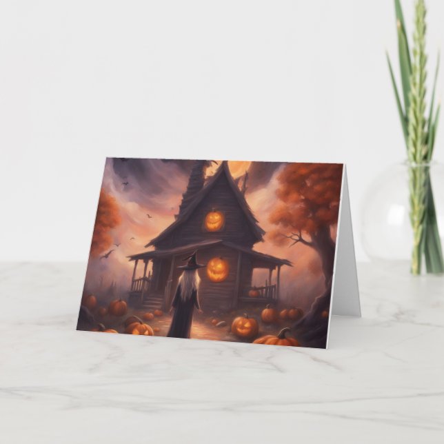 Halloween-häxa på väg till sitt spökhus kort (Framsida)