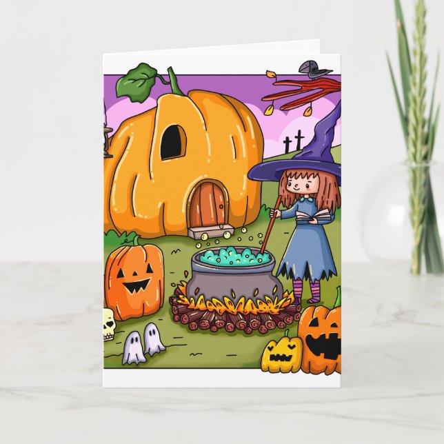 Halloween Häxa Pumpa Hus Kort (Framsida)