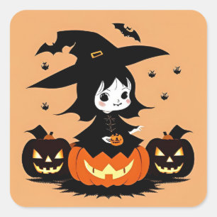 Halloween Häxa Pumpa Kuslig Scen Fyrkantigt Klistermärke