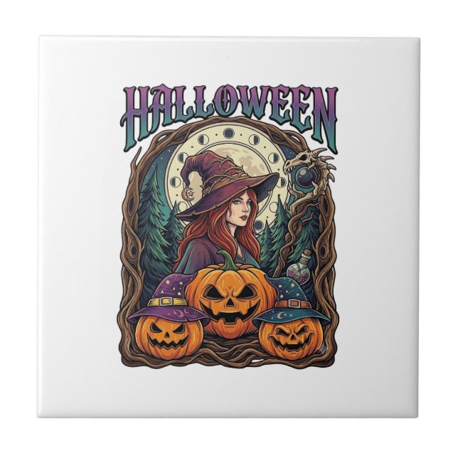 Halloween Häxa Pumpa Månfaser_1 Kakelplatta (Framsidan)