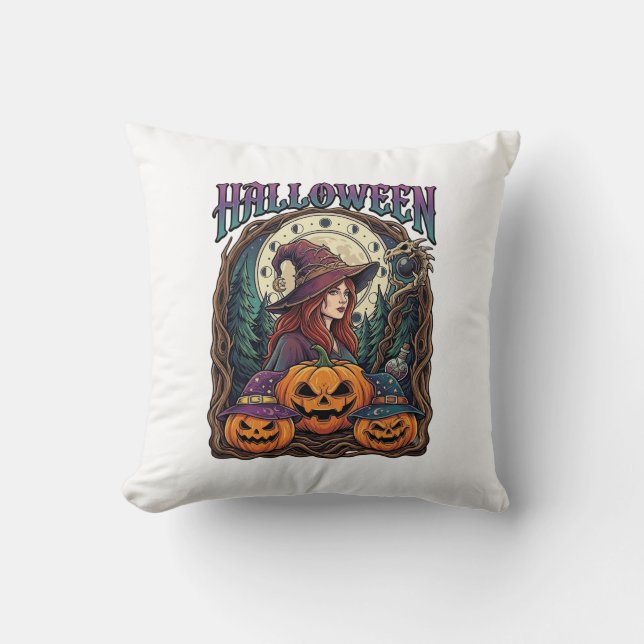 Halloween Häxa Pumpa Månfaser_1 Kudde (Framsida)
