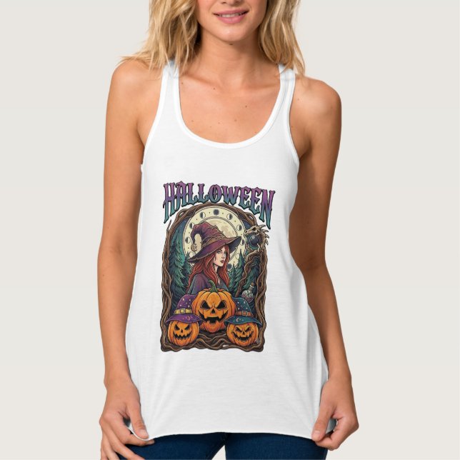 Halloween Häxa Pumpa Månfaser_1 Linne Med Racerback (Framsida)