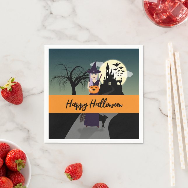 Halloween Häxa Pumpa Svart katt Din text Pappersservett (Insitu)