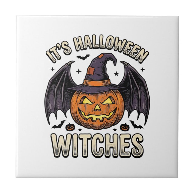 Halloween Häxa Pumpa Vintage Fladdermus Tröja_1 Kakelplatta (Framsidan)