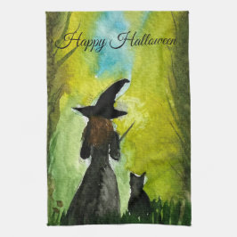 Halloween Häxa Svart Katt Kvinna Trolleri Kökshandduk