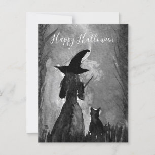 Halloween Häxa Svart Katt Kvinna Trolleri Vykort
