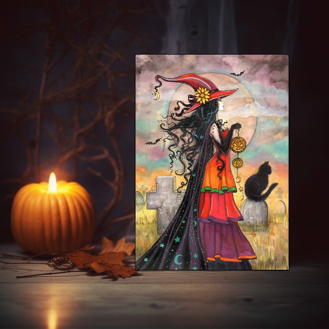 Halloween Häxa Svart Katt Kyrkogård Fantasy Konst Kort (Skapare uppladdad)